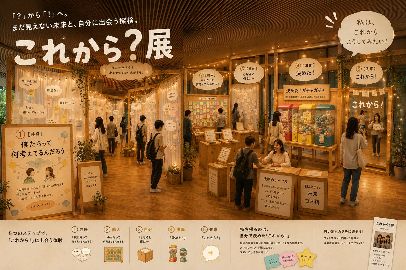 「これから？展」会場の様子。吹き抜けの展示壁に付箋が並ぶ屋内展示空間