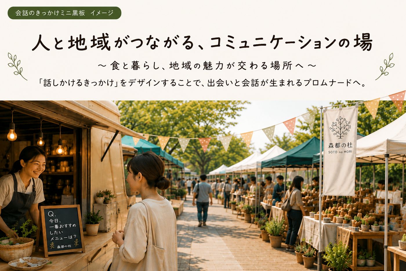 キッチンカーとマーケットが並ぶ屋外プロムナードで、来場者が黒板看板を見ながら店主と会話している様子