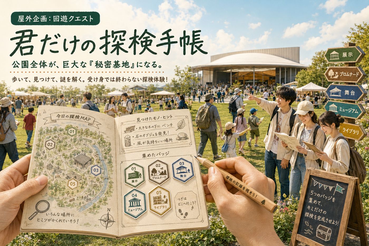 紙の探検手帳とバッジを持って公園を歩く来場者グループ。回遊クエストの様子