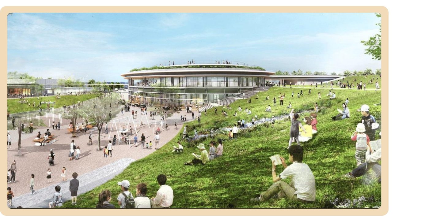 桑都の杜の完成イメージ。丘状の芝生広場と円形の施設、大勢の来場者のイラスト